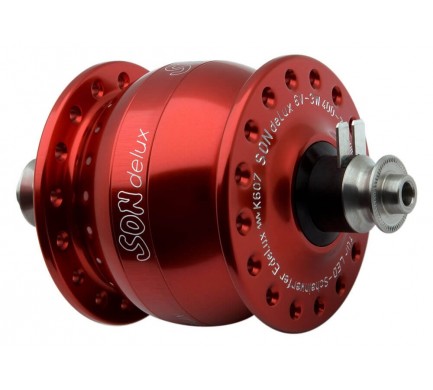 Nábojové dynamo SONdelux - červené - 32 děr, V-brzdy Nábojové dynamo SONdelux - červené - 32 děr, V-brzdy