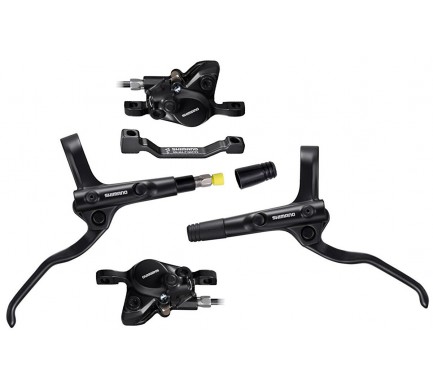 Brzda kotoučová SHIMANO MT200 černá, přední + zadní komplet bez kotoučů / černé hadice (zadní J-kit)