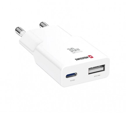 Síťový adaptér SWISSTEN GaN USB-C + USB-A 30W bílý Síťový adaptér SWISSTEN GaN USB-C + USB-A 30W bílý